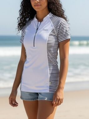 O'Neill Slim Fit Size Small White Grey Striped Quarter Zip Short Sleeve